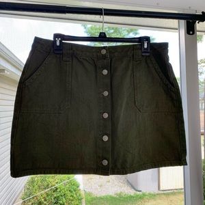 Olive button up denim mini skirt